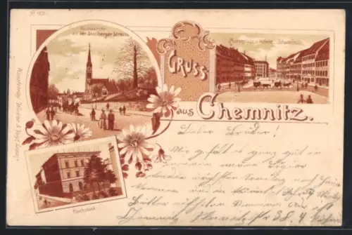 Lithographie Chemnitz, Nikolaikirche, Marktplatz, Reichsbank