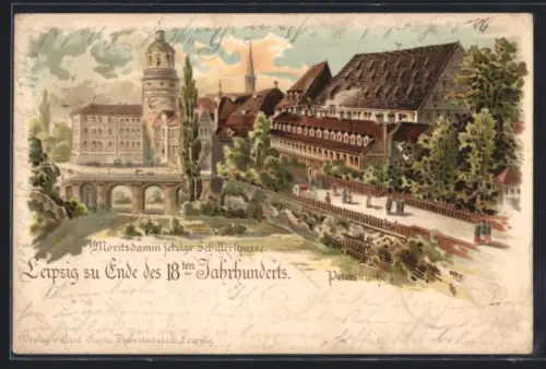 Lithographie Leipzig, Moritzdamm jetzige Schillerstrasse, Peterskirche, Ende 18. Jahrhundert