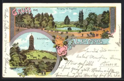 Lithographie Leipzig, Schwanenteich, Eingang ins Rosental, Scherbelberg