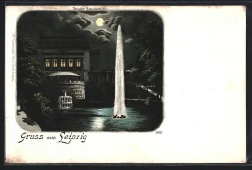 Lithographie Leipzig, Theater Schwanteich, Springbrunnen bei Nacht