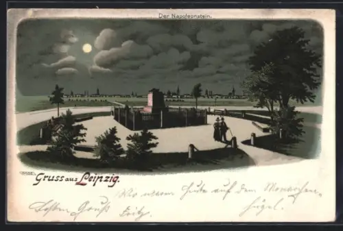 Lithographie Leipzig, Napoleonstein bei Nacht