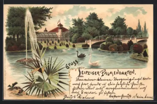 Lithographie Leipzig, Palmengarten, Springbrunnen, Brücke