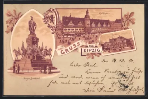 Lithographie Leipzig, Sieges-Denkmal, Rathaus, Börse