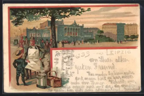 Lithographie Leipzig, Theaterplatz, Neues Theater, Strassenleben