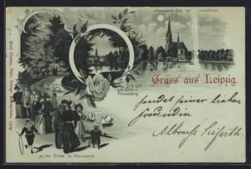 Mondschein-Lithographie Leipzig, Johannapark-Teich mit Lutherkirche, Brücke, Pleissenburg