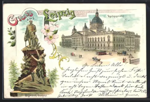 Lithographie Leipzig, Reichsgericht, Bismarck-Denkmal