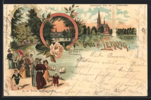Lithographie Leipzig, Johannapark-Teich mit Lutherkirche, Brücke, Pleissenburg