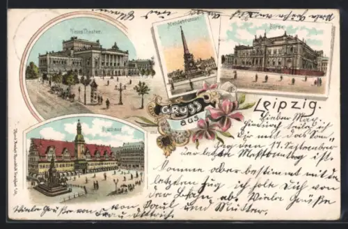 Lithographie Leipzig, Neues Theater, Mendebrunnen, Rathaus, Börse