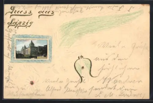 Papierkunst-AK Leipzig, Reichsgericht, Blume und Blatt im Passepartout