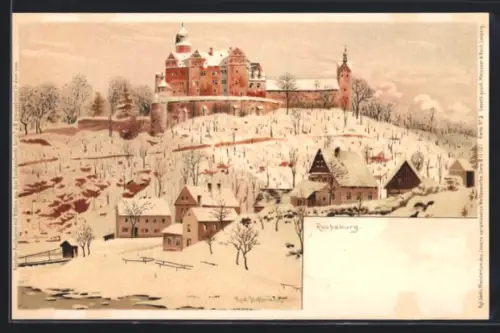 Lithographie Lunzenau, Rochsburg im Winter