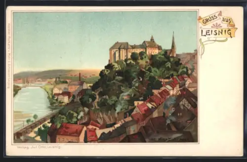 Lithographie Leisnig, Burg, Stadtansicht, Fluss