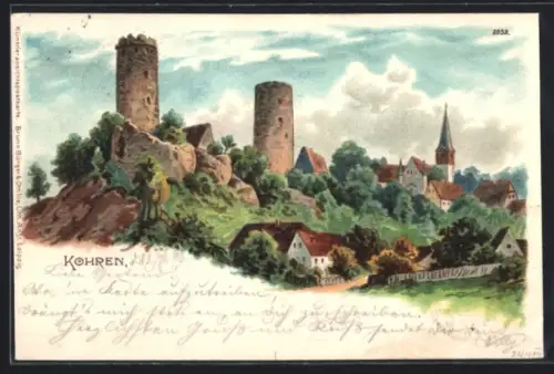 Lithographie Kohren, Burgruine, Stadtturm, Kirche