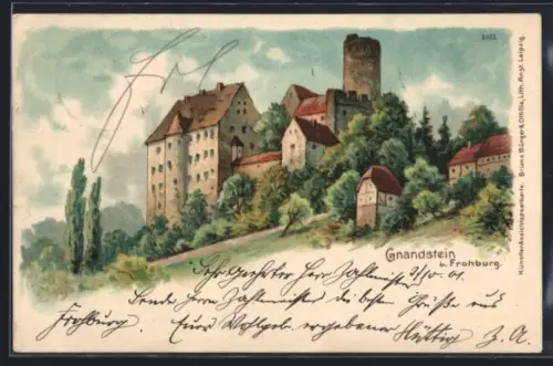 Lithographie Gnandstein b. Frohburg, Burg Gnandstein