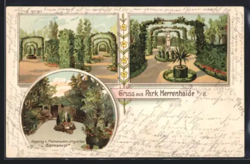 Lithographie Herrenhaide b. B., Irrgarten, Promenaden, Eingang zum Irrgarten Sanssouci