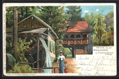 Lithographie Dresden-Pillnitz, Friedrichsgrund, Meixmühle mit Wasserrad und Ausflugslokal