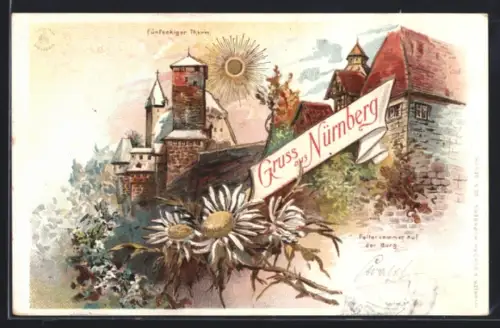 Passepartout-Lithographie Nürnberg, Fünfeckiger Turm, Folterkammer auf der Burg