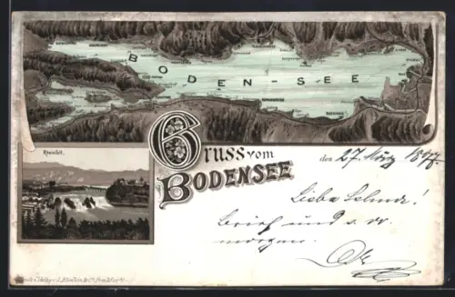 Lithographie Radolfzell /Bodensee, Übersichtskarte, Rheinfall