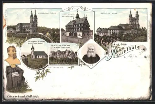 Lithographie Staffelstein /Mainthal, Vierzehnheiligen, Rathaus, Schloss Banz