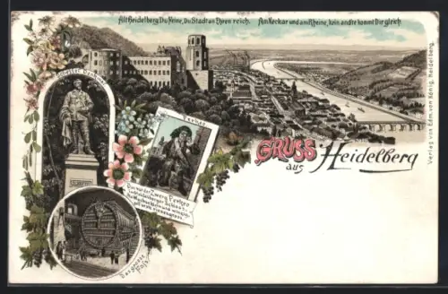 Lithographie Heidelberg, Schloss, Grosses Fass, Scheffer-Denkmal