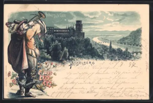 Lithographie Heidelberg, Schloss, Altstadt, Neckarpanorama