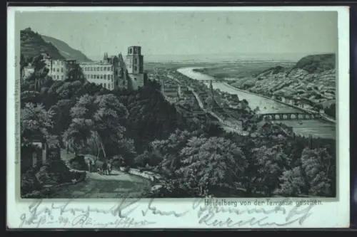 Lithographie Heidelberg, Schloss und Stadtansicht von der Terrasse