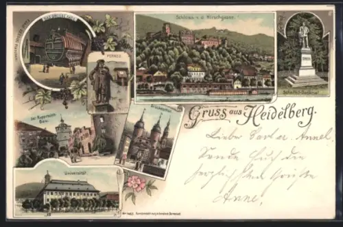 Lithographie Heidelberg, Schloss, Brückentor, Universität, Ruprechtsbau, Scheffel-Denkmal, Fasskeller