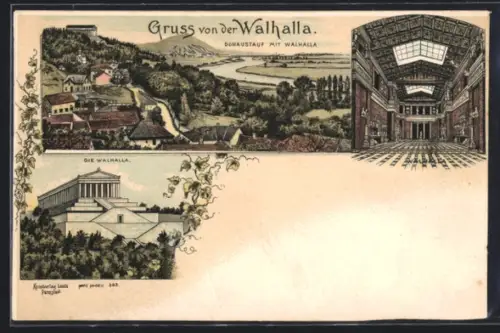 Lithographie Donaustauf, Walhalla, Innenansicht Walhalla