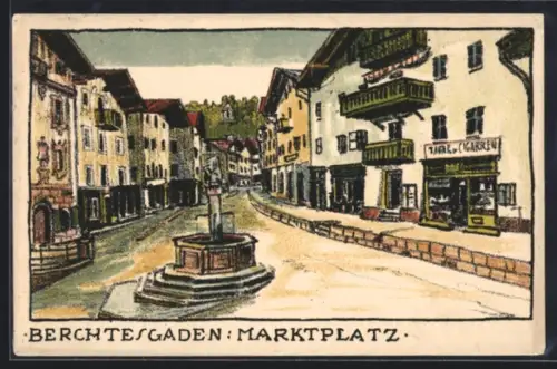 Lithographie Berchtesgaden, Marktplatz, Brunnen, Tabak-Cigaretten-Geschäft