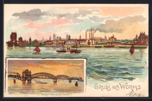 Lithographie Worms, Totalansicht von der Rheinseite, Eisenbahnbrücke