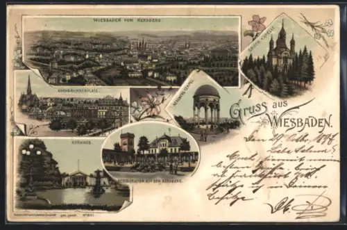 Lithographie Wiesbaden, Neroberg, Kochbrunnenplatz, Kurhaus, Restauration auf dem Neroberg