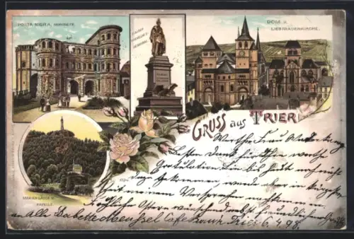 Lithographie Trier, Porta Nigra, Dom, Mariensäule, Kaiser Wilhelm-Denkmal