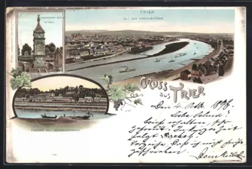 Lithographie Trier, Moselbrücke, Schöffenhof, Steipe-Turm