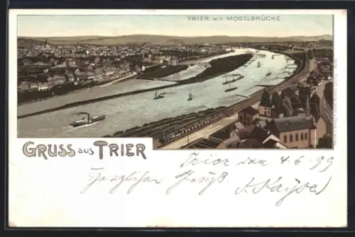 Lithographie Trier, Moselbrücke, Flusslandschaft