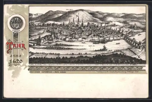 Lithographie Trier, Stadtansicht nach einem Kupferstich von 1620