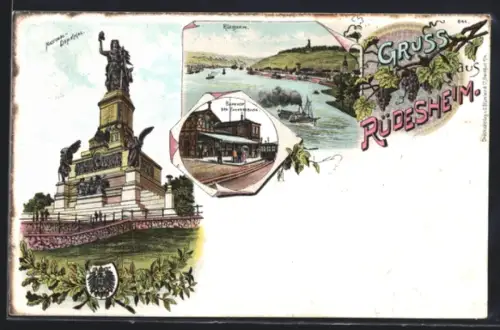 Lithographie Rüdesheim, Nationaldenkmal, Rheinpanorama, Bahnhof Rüdesheim