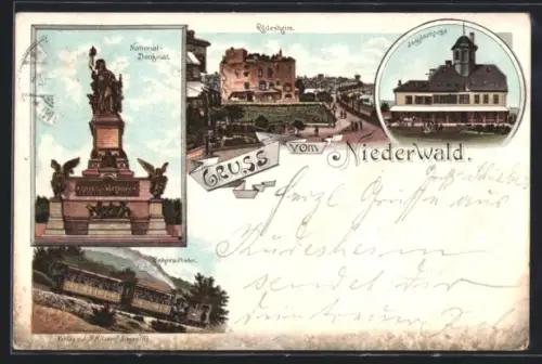 Lithographie Rüdesheim, National-Denkmal, Niederwaldbahn, Jagdschloss