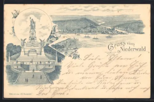 Lithographie Niederwald, Niederwalddenkmal, Rheinpanorama, Landschaftsansicht