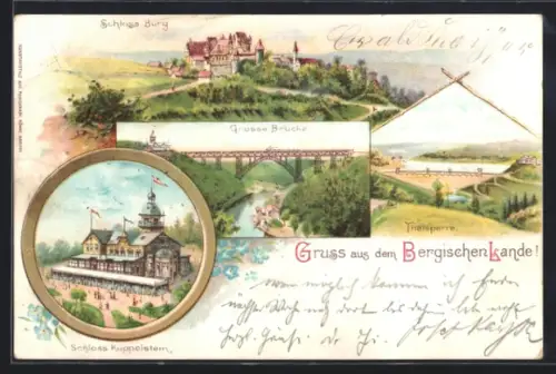 Lithographie Solingen, Schloss Burg, Schloss Kuppelstein, grosse Brücke, Talsperre