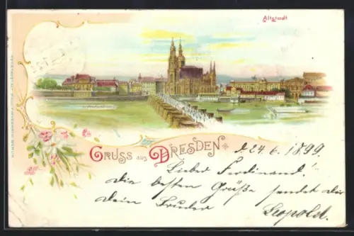 Lithographie Dresden, Altstadt, Brücke, Kathedrale