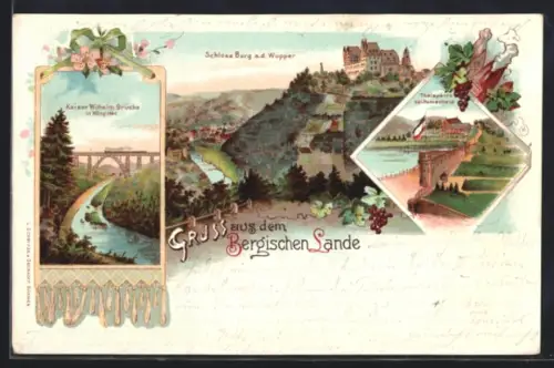 Lithographie Solingen, Schloss Burg, Kaiser-Wilhelm-Brücke, Thalsperre bei Lennep