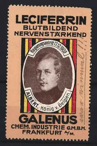 Reklamemarke Frankfurt, Galenus Chem. Industrie, Kräftigungspräparat Leciferrin, König Albert Belgien