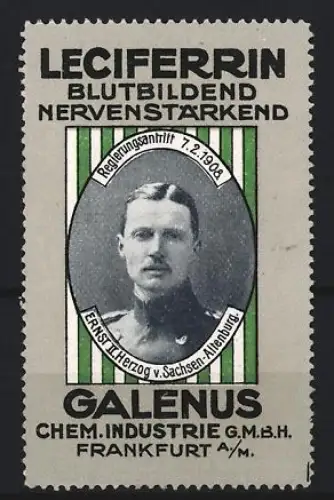 Reklamemarke Frankfurt, Galenus Chem. Industrie, Kräftigungspräparat Leciferrin, Ernst II. Herzog v. Sachsen-Altenburg