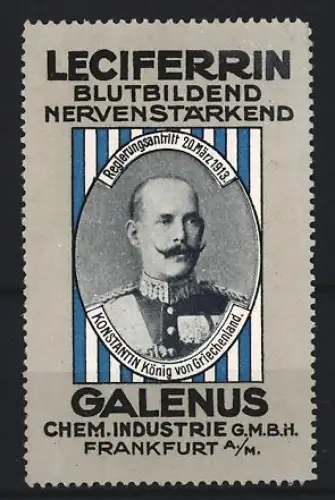 Reklamemarke Frankfurt, Galenus Chem. Industrie, Kräftigungspräparat Leciferrin, König Konstantin von Griechenland