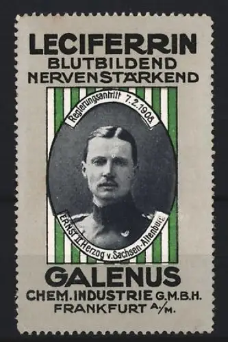 Reklamemarke Frankfurt, Galenus Chem. Industrie, Kräftigungspräparat Leciferrin, Ernst Herzog v. Sachsen-Altenburg