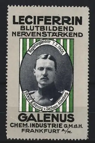 Reklamemarke Frankfurt, Galenus Chem. Industrie, Kräftigungspräparat Leciferrin, Ernst II. Herzog v. Sachsen-Altenburg