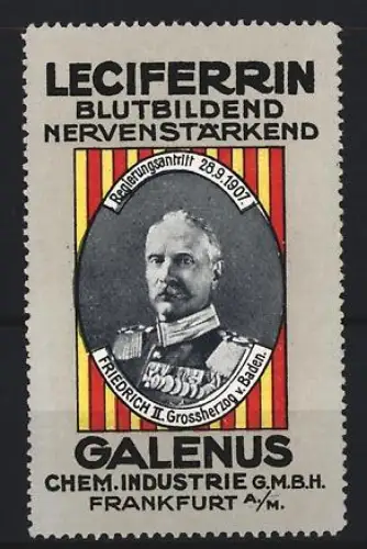 Reklamemarke Frankfurt, Galenus Chem. Industrie, Kräftigungspräparat Leciferrin, Friedrich II. Grossherzog von Baden