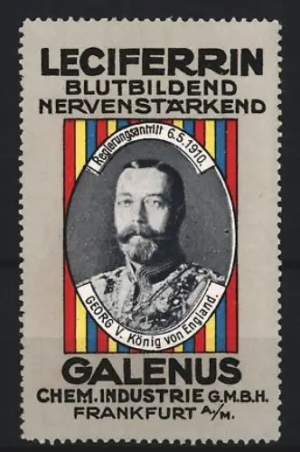 Reklamemarke Frankfurt, Galenus Chem. Industrie, Kräftigungspräparat Leciferrin, König Georg V. von England