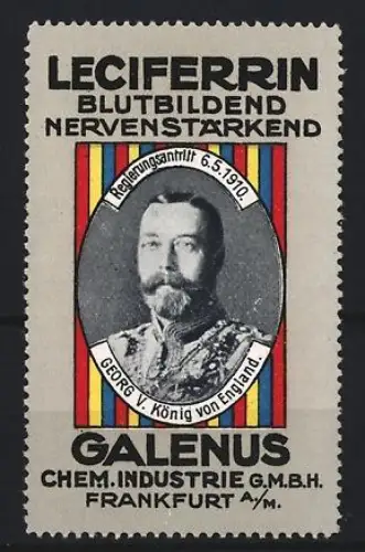 Reklamemarke Frankfurt, Galenus Chem. Industrie, Kräftigungspräparat Leciferrin, Georg V. König von England
