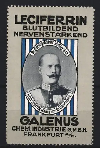 Reklamemarke Frankfurt, Galenus Chem. Industrie, Kräftigungspräparat Leciferrin, Konstantin König von Griechenland