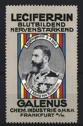 Reklamemarke Frankfurt, Galenus Chem. Industrie, Kräftigungspräparat Leciferrin, Karl I. König von Rumänien